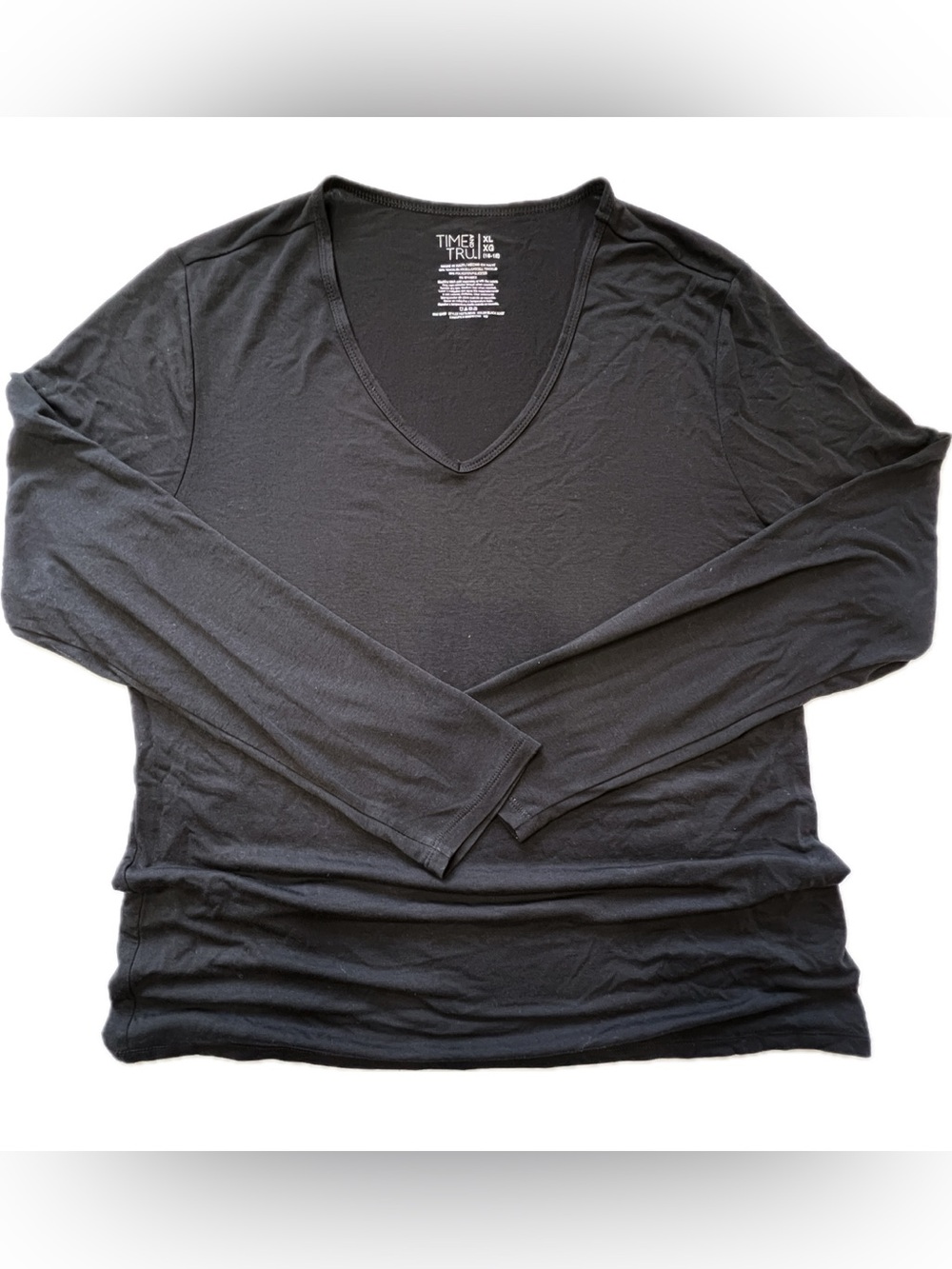 Time & Tru Black V-Neck Long Sleeve Top Lightweight Breathable Shirt Size XL